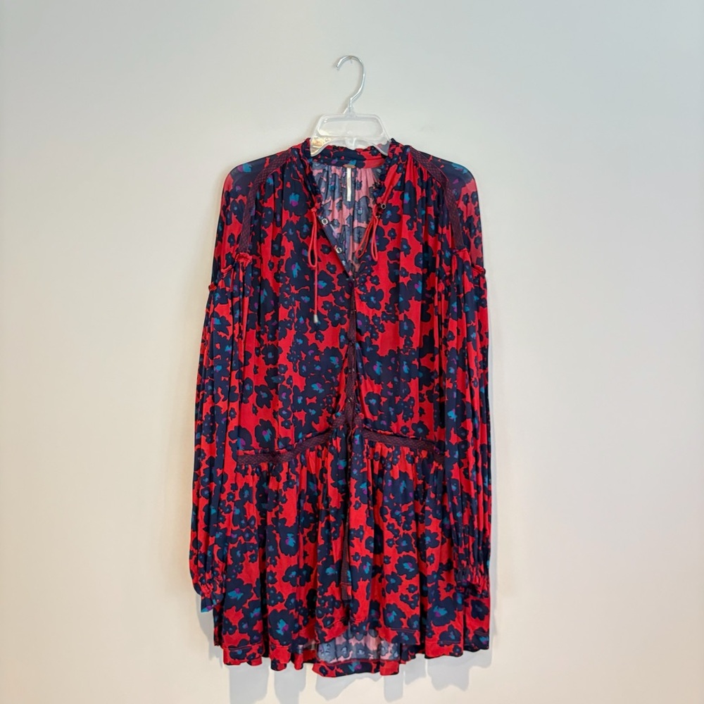 Free People Love Letter Red and Blue Floral Tunic Dress - Picture 2 of 7